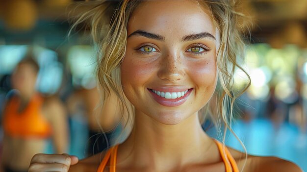 Retrato de una mujer deportiva sonriente mostrando los pulgares hacia arriba en un gimnasio