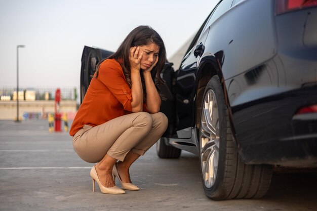 Foto retrato de una mujer desesperada agachada junto a su automóvil con problemas de llanta desinflada en la carretera