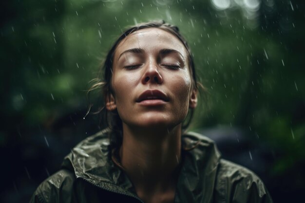 Retrato de una mujer disfrutando de la lluvia en un bosque