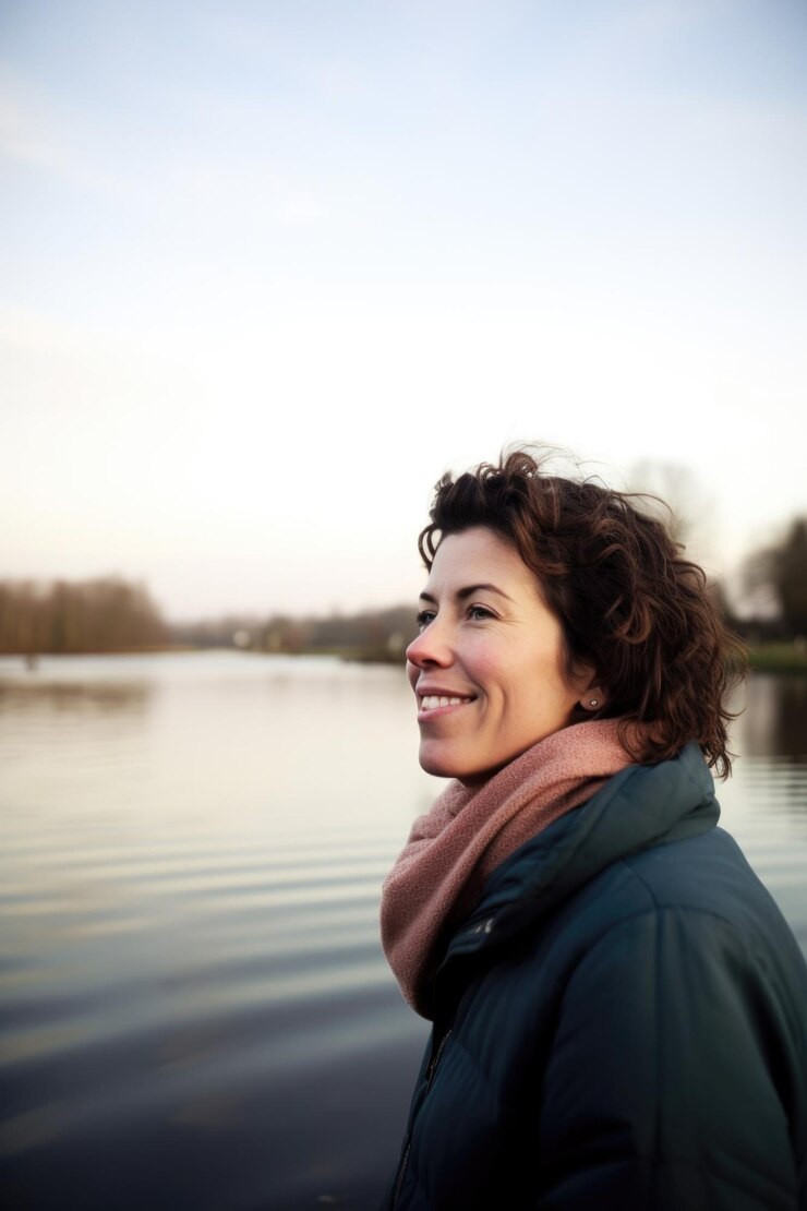 Retrato de una mujer disfrutando de la naturaleza en un lago con copyspace