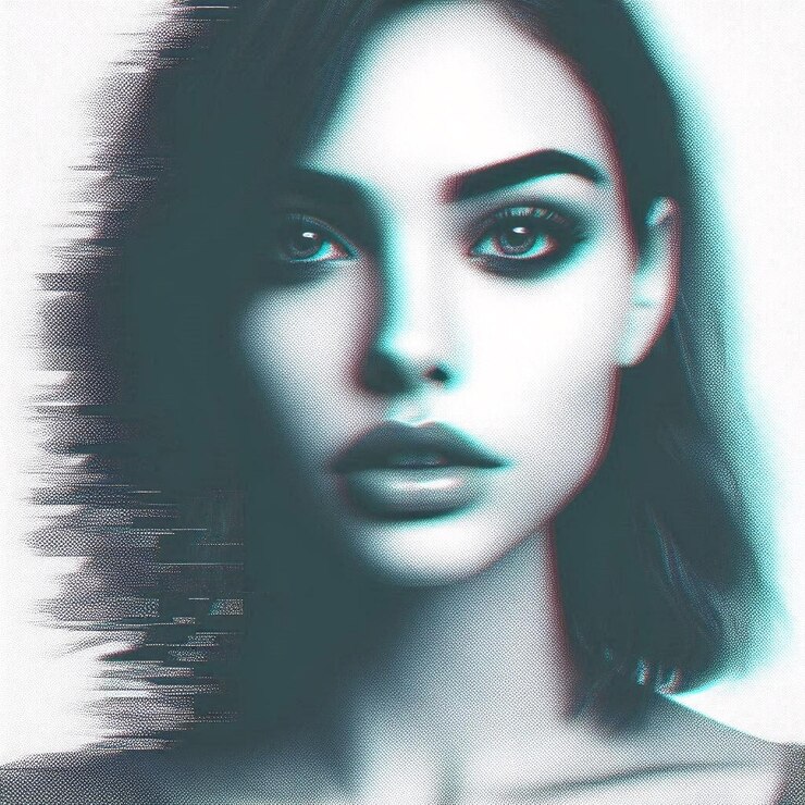 Retrato de mujer con el efecto de medio tono de glitch de moda