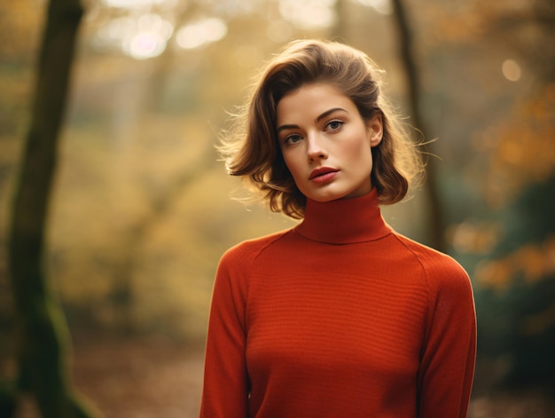 Retrato de una mujer elegante con un jumper rojo posando en el fondo del bosque de otoño Elegancia de otoño Mujer