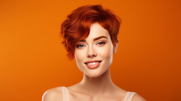 Retrato de una mujer elegante, sexy y sonriente con piel perfecta y cabello rojo corto en un fondo naranja