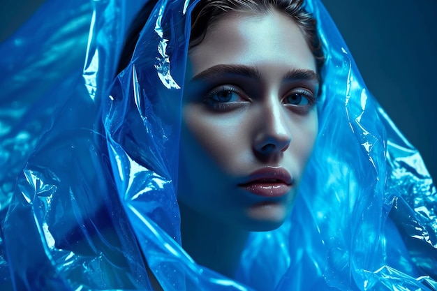 retrato de una mujer elegante con un vestido de plástico azul