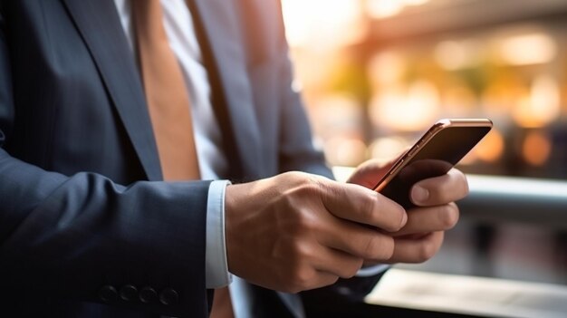 Foto retrato de una mujer empresaria enviando mensajes de texto en su teléfono inteligente mientras está sentada en el escritorio de la oficina con devi digital