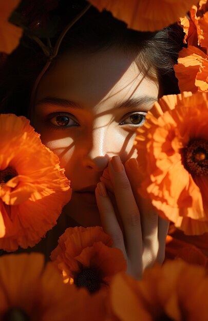 Retrato de una mujer encantadora con flores niña con fondo de flores