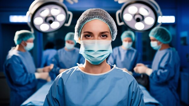 Foto retrato de una mujer enfermera cirujana o miembro del personal vestida con trajes quirúrgicos, túnica, máscara y hai
