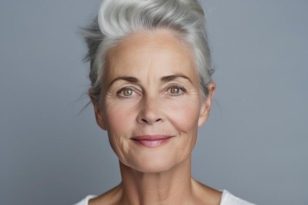 Retrato de una mujer escandinava de mediana edad sonriente con cabello corto gris en Copy Space Beautiful Age Model