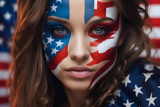 Foto retrato de una mujer estadounidense con la cara pintada en los colores de la bandera de los estados unidos votando en las elecciones