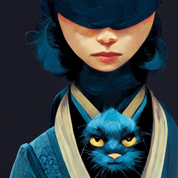 Retrato de mujer con estilo de moda de ilustración de gato azul