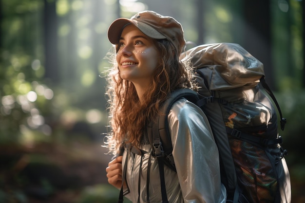 Foto retrato de una mujer excursionista en el fondo de la naturaleza