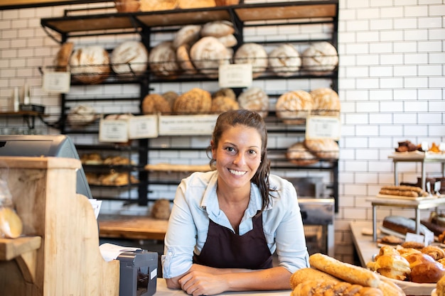 Retrato de una mujer exitosa propietaria de una panadería