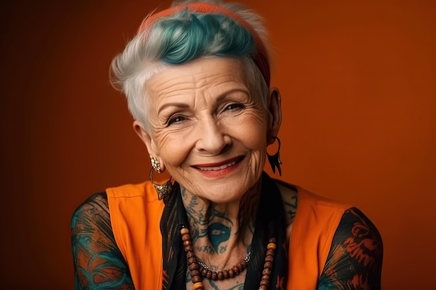 Retrato de mujer feliz anciana con estilo en tatuajes sonriendo sobre fondo de color brillante