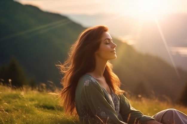 Retrato de una mujer feliz disfrutando de la puesta de sol en la hierba verde en el pico del bosque de la montaña fresco