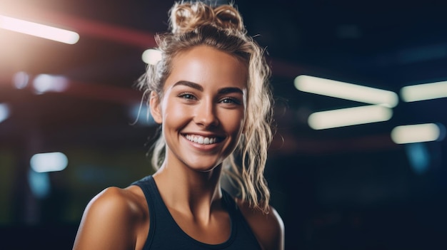 Retrato de una mujer feliz entrenadora física que irradia fuerza y determinación inspirando un estilo de vida saludable IA generativa