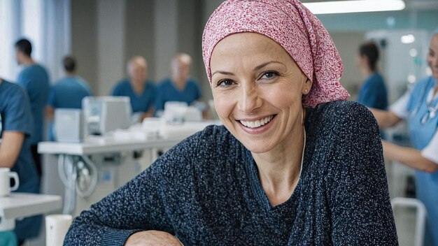 Foto retrato de una mujer feliz en el hospital pañuelo sobreviviente de cáncer