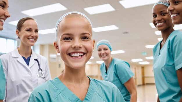 retrato de una mujer feliz en el hospital pañuelo sobreviviente de cáncer