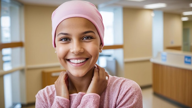 Foto retrato de una mujer feliz en el hospital pañuelo sobreviviente de cáncer