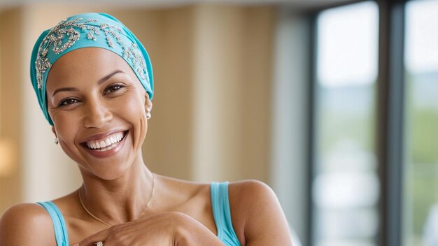 Foto retrato de una mujer feliz en el hospital pañuelo sobreviviente de cáncer