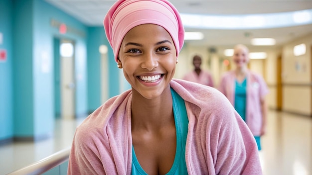 Foto retrato de una mujer feliz en el hospital pañuelo sobreviviente de cáncer