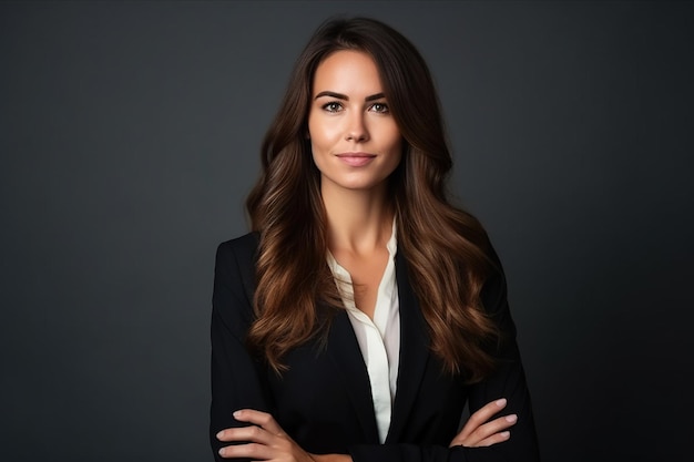 Retrato de una mujer feliz mira en cámara Hermosa mujer de negocios profesional en un traje en un fondo aislado