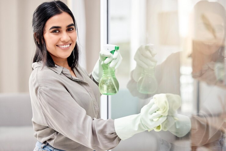 Foto retrato de mujer feliz o guantes para la limpieza de vidrios en el hogar mantenimiento para la protección contra gérmenes o bacterias toalla de sonrisa o ama de casa con botella de spray en el apartamento para la higiene de bienestar o ventana