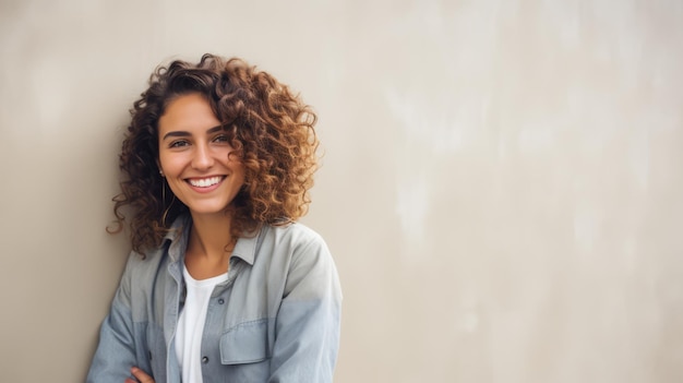 retrato de una mujer feliz de pie frente a la pared