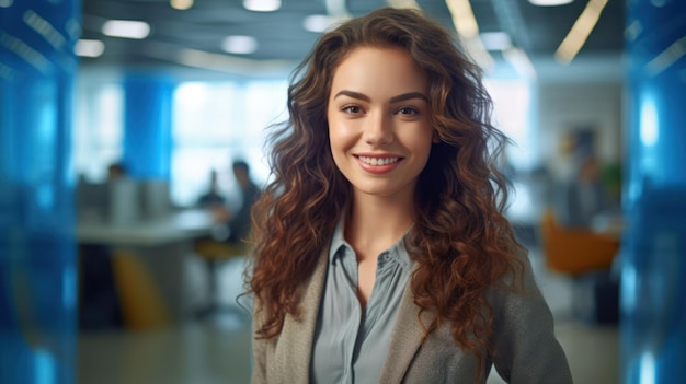 Retrato de una mujer feliz sonriendo de pie en un espacio de oficina moderno