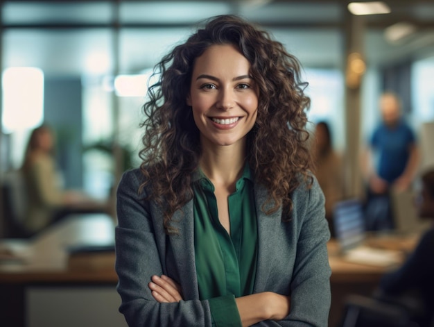 Retrato de una mujer feliz sonriendo de pie en un espacio de oficina moderno