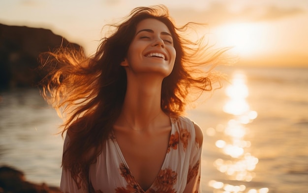 Retrato de una mujer feliz y sonriente con una hermosa IA de fondo