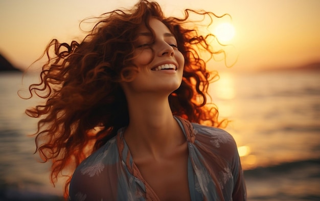 Retrato de una mujer feliz y sonriente con una hermosa IA de fondo