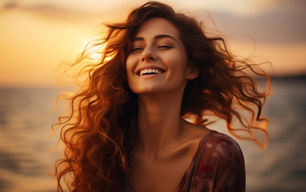 Retrato de una mujer feliz y sonriente con una hermosa IA de fondo