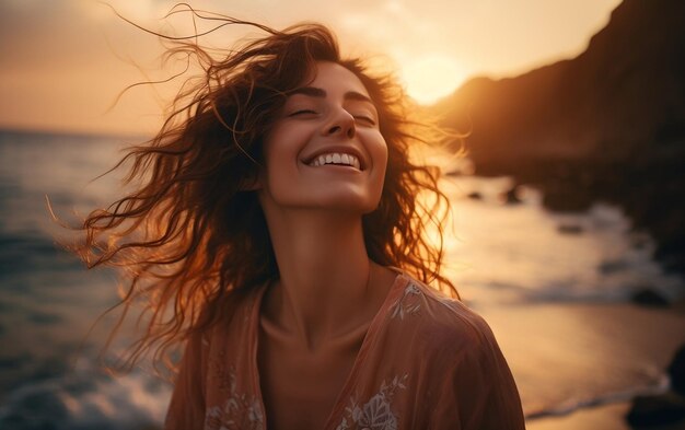 Retrato de una mujer feliz y sonriente con una hermosa IA de fondo