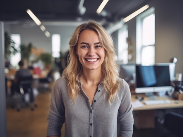 retrato, de, mujer feliz, sonriente, posición, en, moderno, espacio de oficina