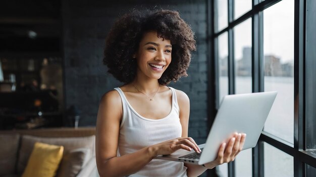 Retrato de una mujer feliz vestida con un tanktop sosteniendo una computadora portátil