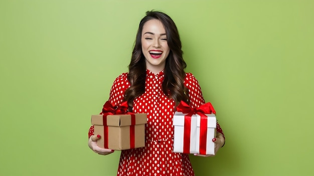 Retrato de una mujer feliz con un vestido sosteniendo cajas de regalos