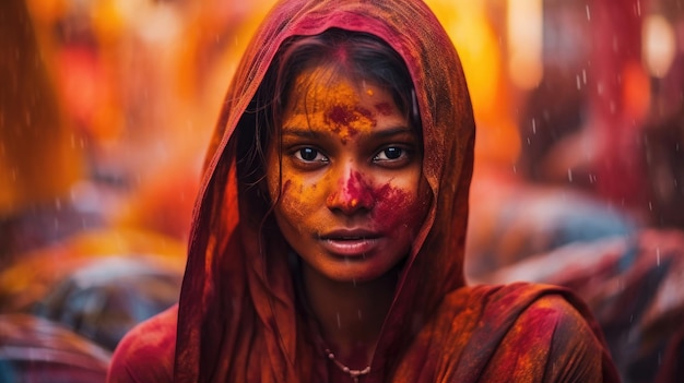 Retrato de una mujer en un festival de Holi con colores vibrantes de rojo amarillo manchados en la cara y el cabello generado por IA