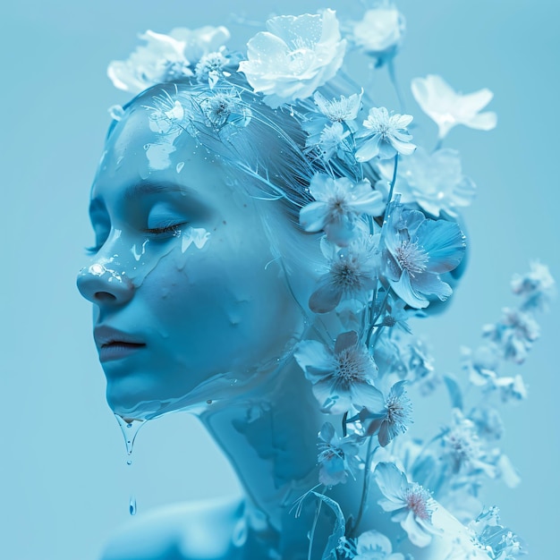 Retrato de una mujer con flores azules y líquido derritiéndose de su cara