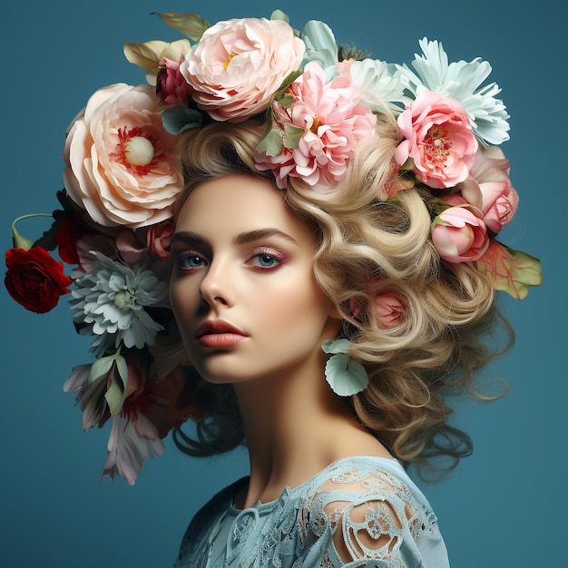 Retrato mujer con flores en la cabeza