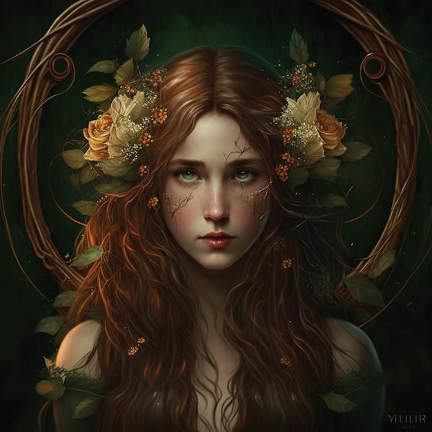 Un retrato de una mujer con flores en el pelo.