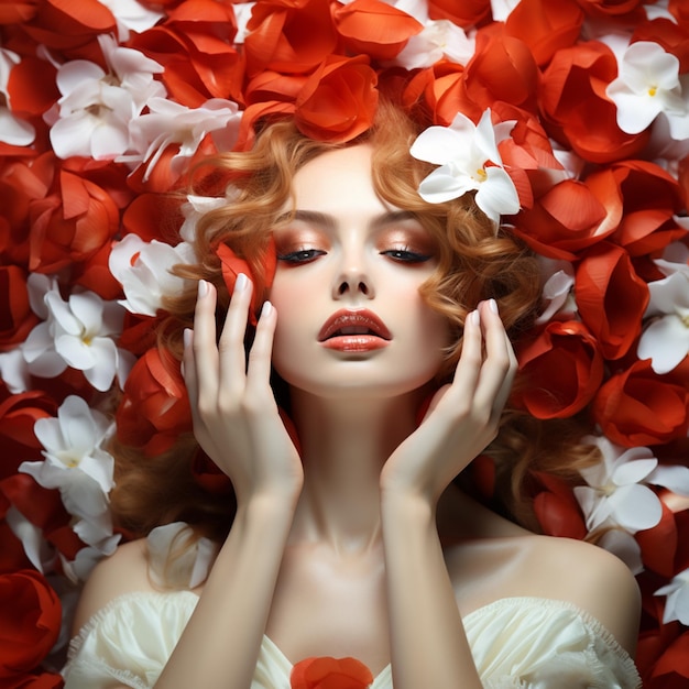 Retrato de mujer con flores rojas y blancas