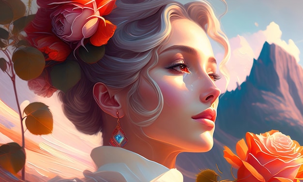 retrato de una mujer con flores
