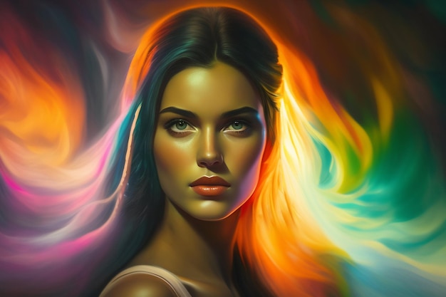 Un retrato de una mujer con un fondo de colores del arco iris.