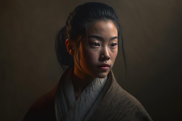 Un retrato de una mujer con un fondo oscuro y la palabra samurái en el frente.