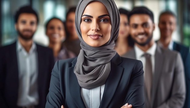 retrato de una mujer frente a un grupo de personas en el fondo.