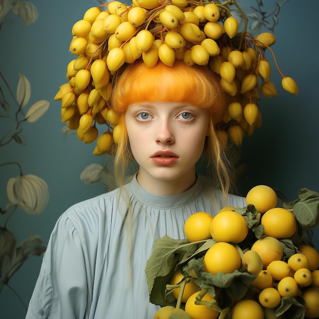 Retrato de una mujer con frutas en el cabello limones amarillos o dátiles saludables cosecha de comida