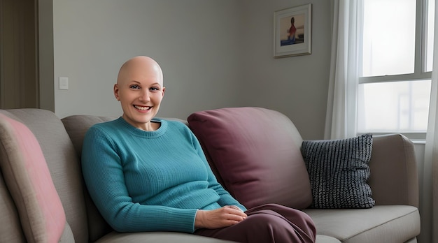 Retrato de una mujer fuerte, hermosa y sonriente, sin sobreviviente de cáncer de cabello, sentada en el sofá