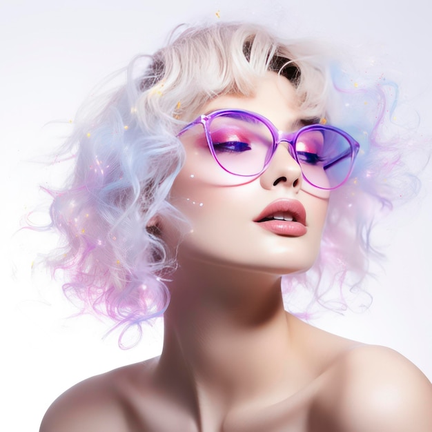 Retrato de mujer con gafas en estilo pop de ensueño eléctrico inspo aislado sobre fondo blanco