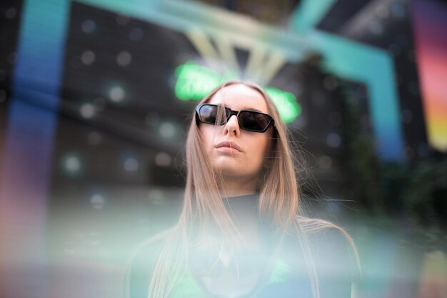 Foto retrato de una mujer con gafas de sol