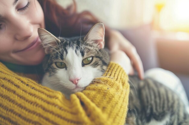 Foto retrato de una mujer con un gato en casa